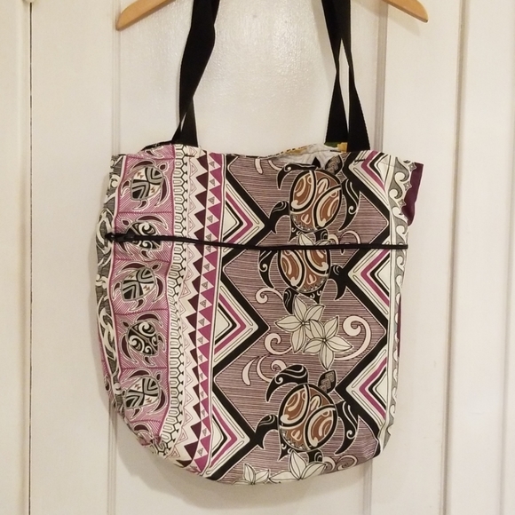 Cotton Reversible Hawaiian Floral Bright Turtles Tote Bag - Picture 6 of 8